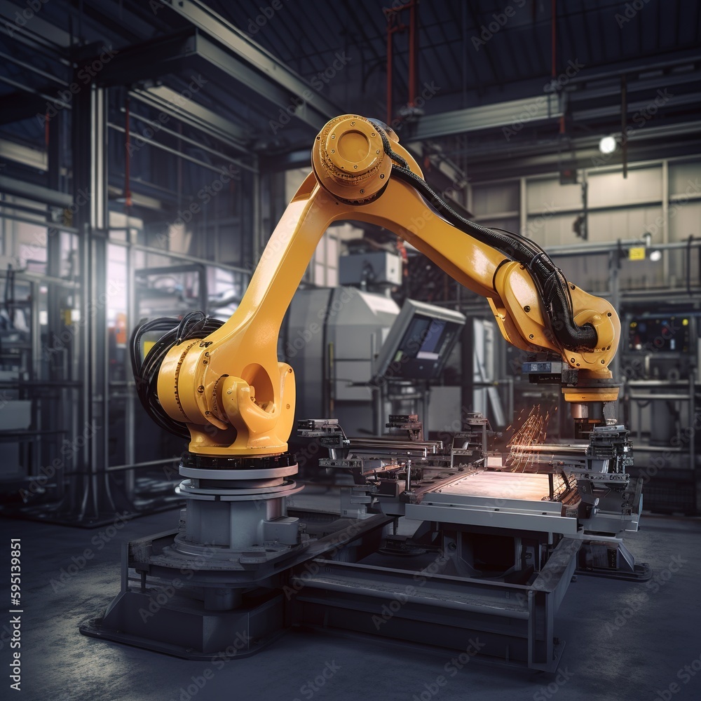 Sticker Industrial robotics arm for welding assembly automotive part in factory. generative ai