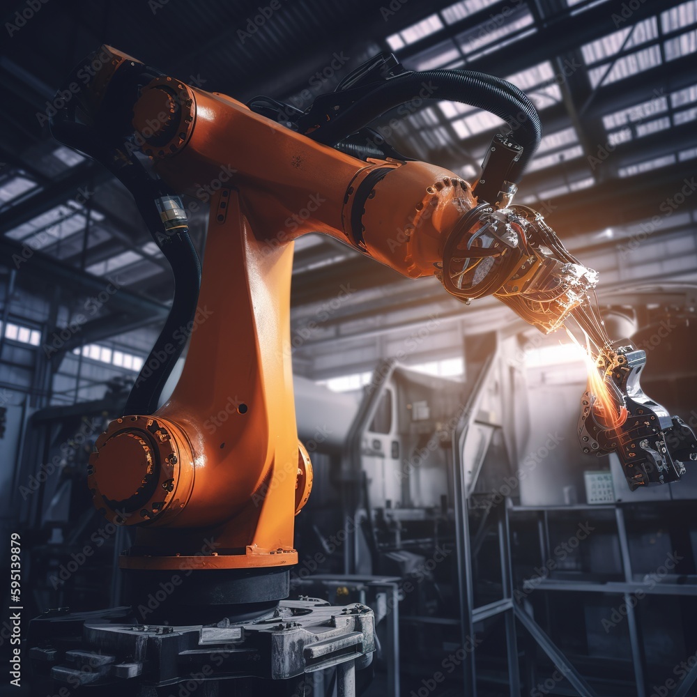 Poster industrial robotics arm for welding assembly automotive part in factory. generative ai