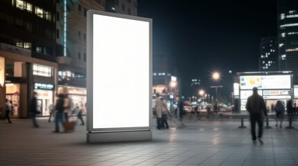 Media Blank white mock up of advertising light box billboard at city background, people walk on street. Generative AI