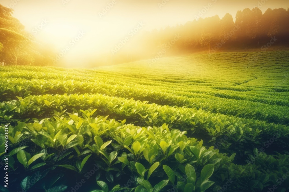 Poster serene landscape with a verdant meadow and towering trees in the distance. generative ai