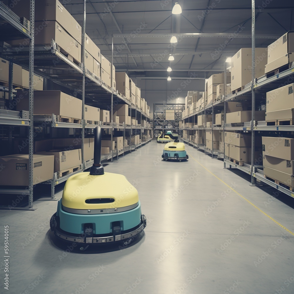 Poster robot performing warehouse operations to replace human labor. artificial intelligence concept for th