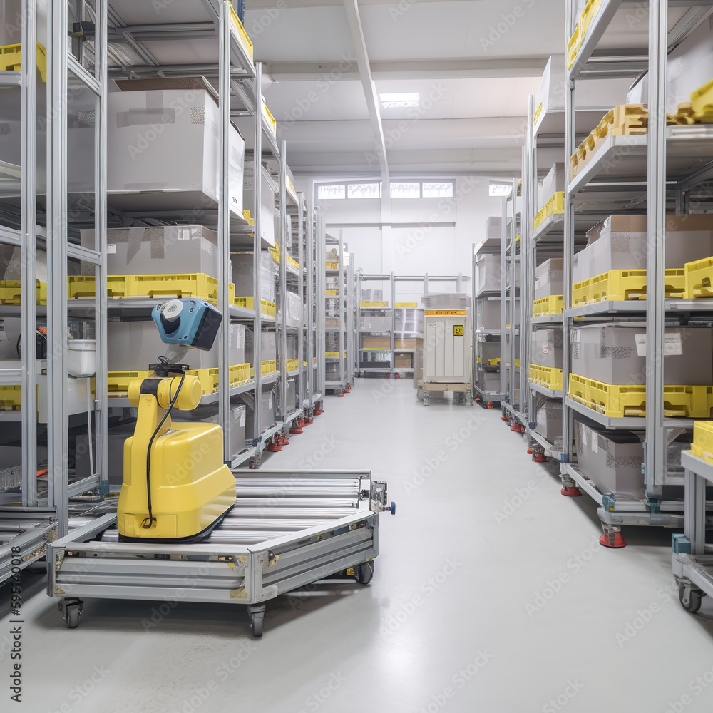 Poster automated robot carriers and robotic arm in smart distribution warehouse. generative ai