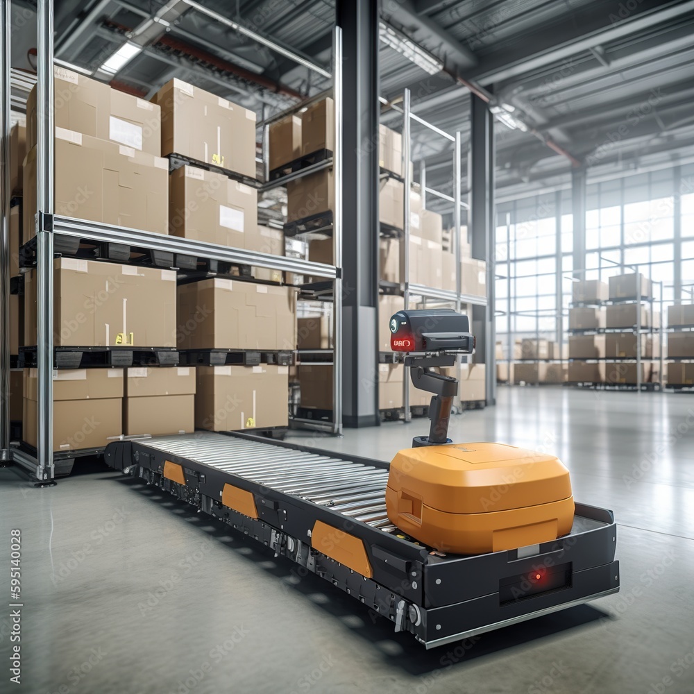 Poster smart logistic industry. industrial autonomous robot loading carton on conveyor in smart warehouse s
