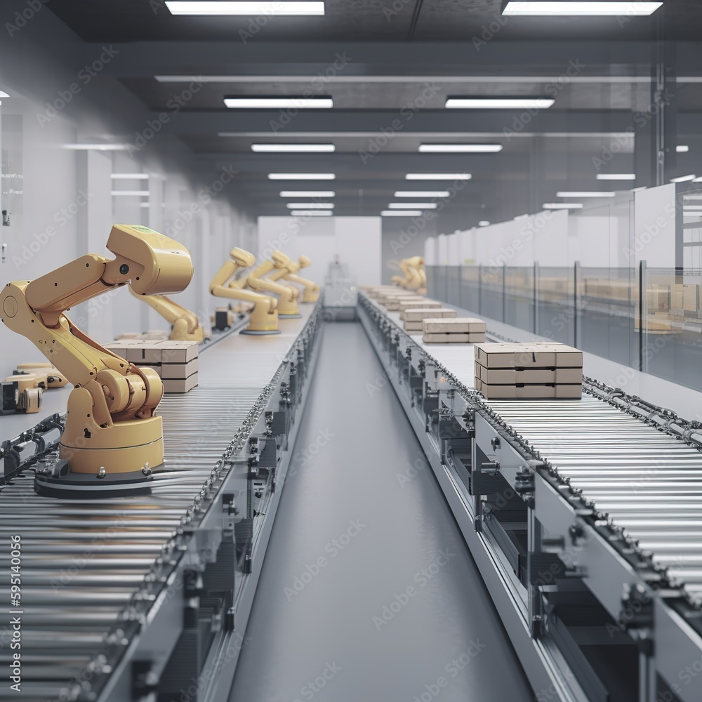 Poster arm of an industrial robot is loading a package onto a conveyor. warehouse for industry. generative 