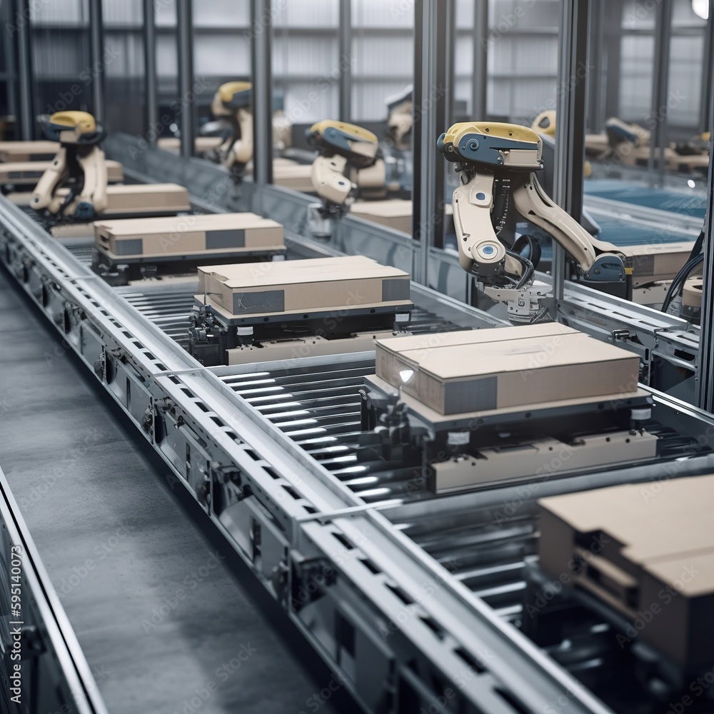 Poster factory or freight automation using robot arms and warehousing robots. warehouse for industry. gener