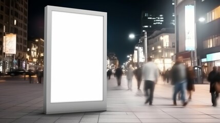 Media Blank white mock up of advertising light box billboard at city background, people walk on street. Generative AI