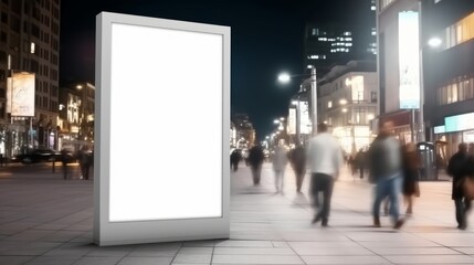 Media Blank white mock up of advertising light box billboard at city background, people walk on street. Generative AI