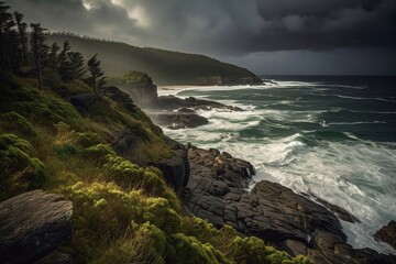 Obraz premium foamy waves on the stony shore in front of the forest created with Generative AI technology