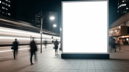 Media Blank white mock up of advertising light box billboard at city background, people walk on street. Generative AI