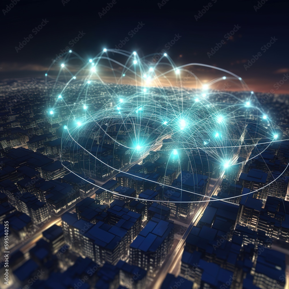 Poster global network interface with bright blue and red neon lights and white dots denoting connections is