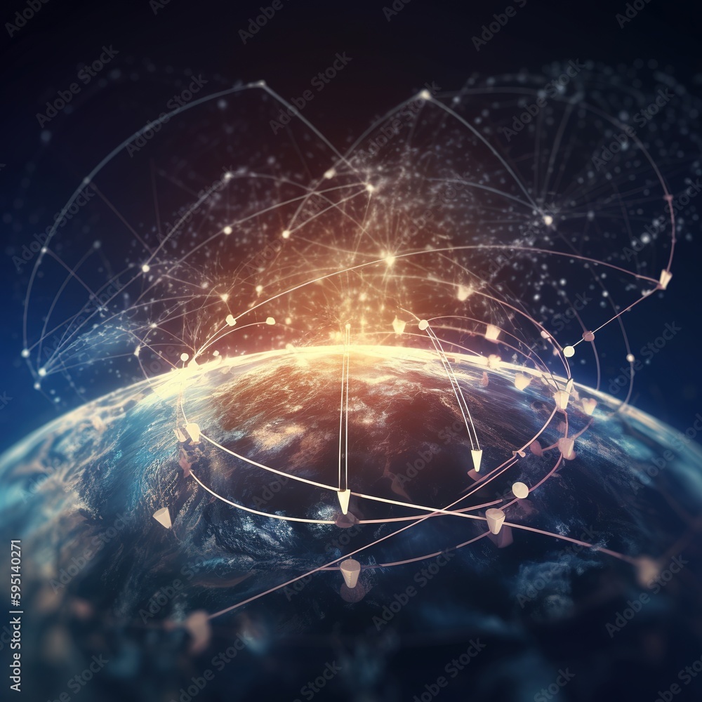 Poster earth as seen from space. a worldwide network. blockchain is a type of technology. communication and