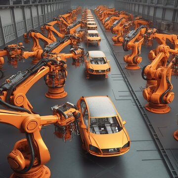 Robots work together to assemble and weld the body of a modern car. generative ai