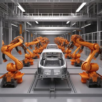 Automotive industry with assembly line conveyors. Advance modern high-tech vehicle assembly plant. Robotic arm welding bodywork, car frame, generative ai