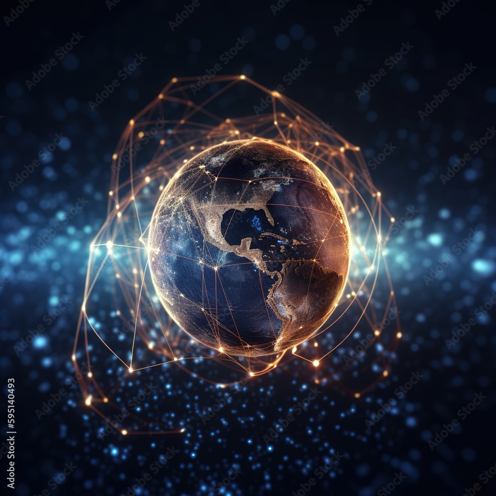Poster blue map of the earth, digital cyberspace and digital data network connections. worldwide big data c