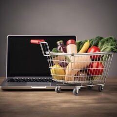 Concept of online grocery shopping and food delivery. Food-filled shopping cart with laptop on store shelf. generative ai