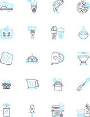 Domestic cooking linear icons set. Recipe, Stove, Oven, Cookware, Spices, Pantry, Utensils line vector and concept signs. Ingredients,Meal,Baking outline illustrations