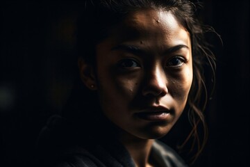 young woman with long brown hair and sad face created with Generative AI technology