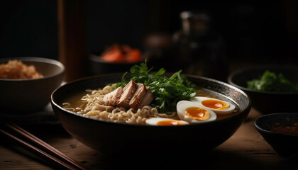 Fototapeta premium Freshly cooked vegetarian meal in rustic bowl generated by AI