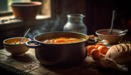 Fresh vegetable soup cooked on rustic wood table generated by AI