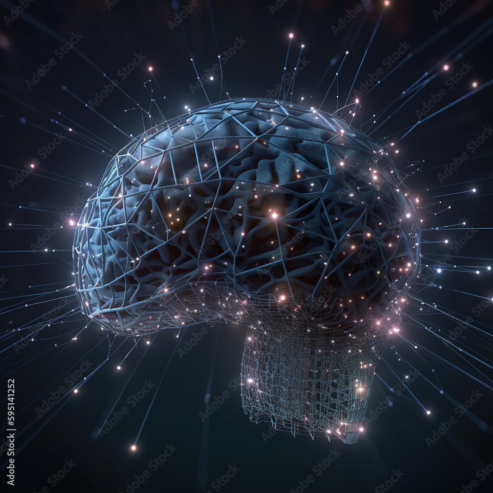 Poster human brain showing neurons firing and neural extensions. generative ai
