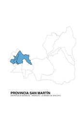 Map of the province of San Martín, locating the districts of Tarapoto, Morales and La banda de Shilcayo, high quality vector graphic.