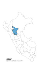 Map of Peru, located in the department of San Martín, high quality vector graphic.