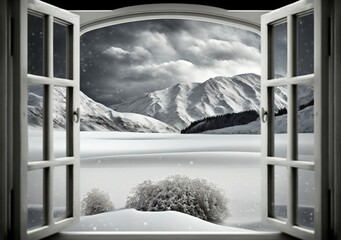 view through an open window onto a winter landscape in front of the mountains created with Generative AI technology