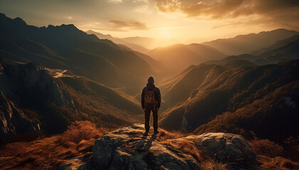 Fototapeta premium Men hiking mountain peak, backpacks, enjoying nature beauty generated by AI