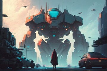 human is facing an oversized futuristic robot created with Generative AI technology