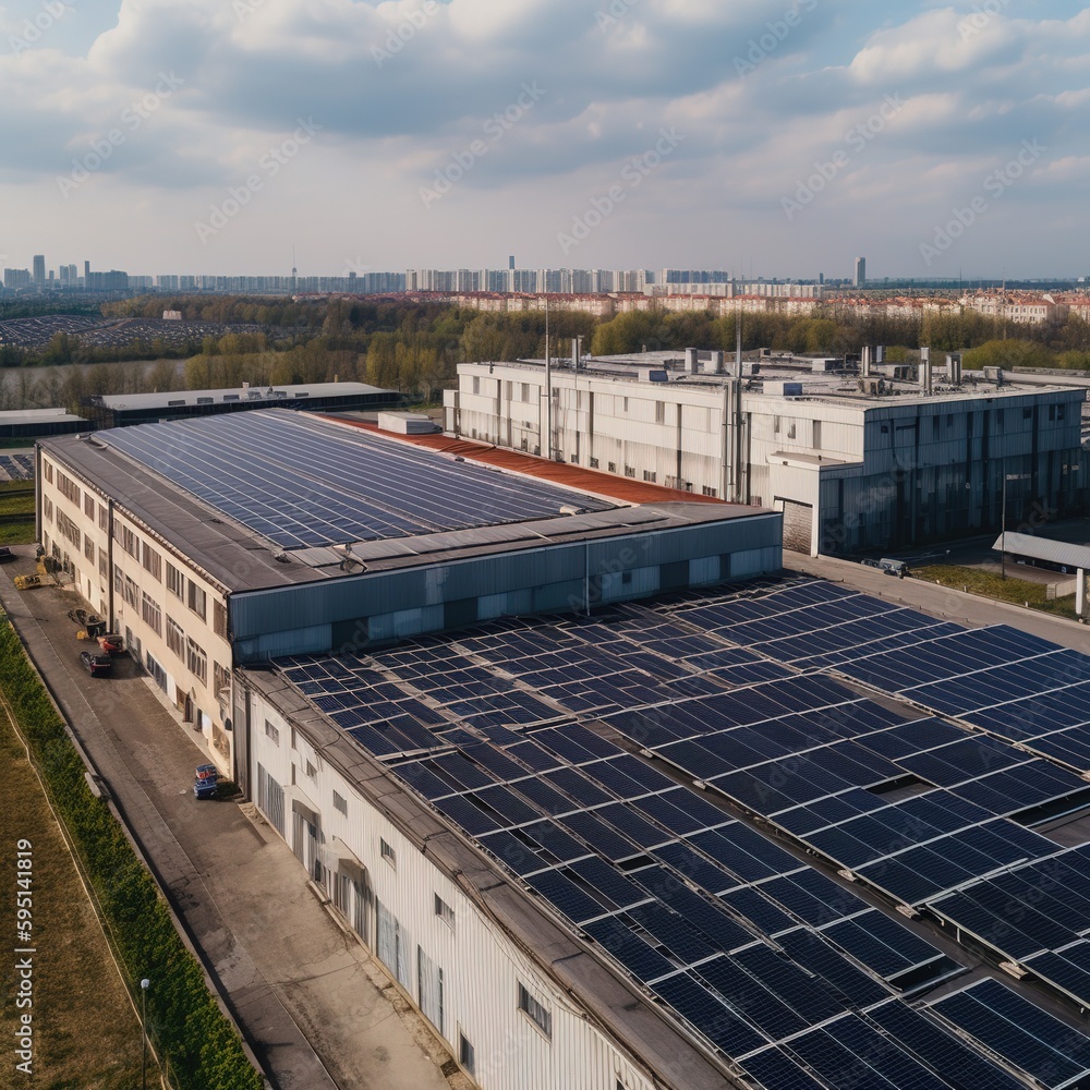 Wall mural Solar panels installed on a large industrial building's roof. generative ai