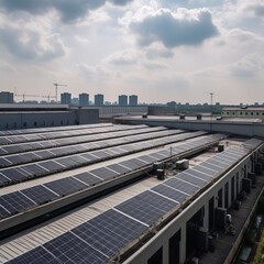 solar power station. Solar panels installed on a roof of a large industrial building. generative ai