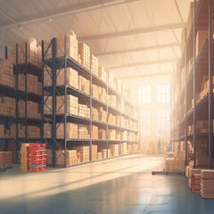 Warehouse or industry building interior. known as distribution center, retail warehouse. Part of storage and shipping system. Included box package on shelf. generative ai