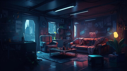 Cyberpunk interior artwork. Futuristic modern game design. Modern apartment inspiration. Big city buildings view outside the window. Neon lighting. Virtual advanced technology. Generative AI.