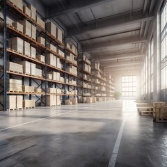 warehouse interior with blurred forklift and worker in logistic center. generative ai