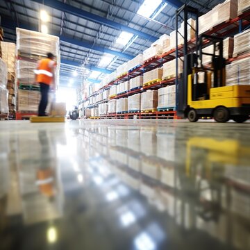 In a logistic center, a warehouse interior with a blurred forklift and a worker. generative ai