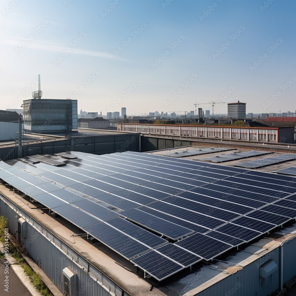 Poster Solar panels installed on a large industrial building or warehouse's roof. In the background, there are industrial buildings. generative ai