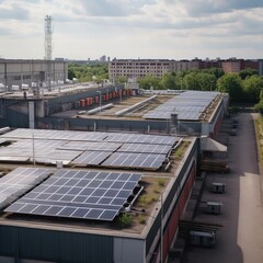 Solar panels installed on a roof of a large industrial building or a warehouse. Industrial buildings in the background. generative ai