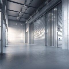 factory or warehouse is an industrial structure. Roller doors or roller shutters provide security. For an industrial background, modern interior design with concrete floor. generative ai