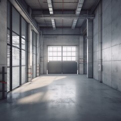 Factory or warehouse or industrial building. Protection with roller door or roller shutter. Modern interior design with concrete floor, steel wall and empty space for industry background. generative a