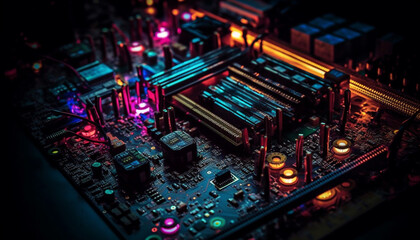 Glowing copper circuit board, complex technology generated by AI