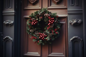 Fototapeta na wymiar Christmas Wreath, Doorway, Generative Ai