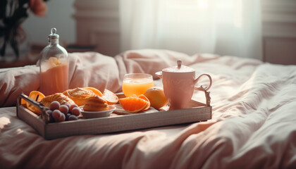 Fototapeta na wymiar Comfortable bedding, fresh croissant, orange juice refreshment generated by AI