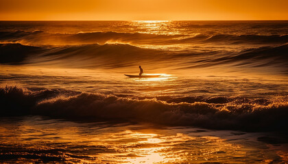 Surfer rides wave at sunset, extreme sport generated by AI