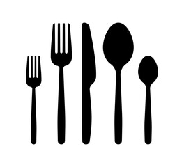 Cutlery silhouettes. Spoons, knife and forks. Dinner service collection, Silhouette of cutlery. Vector illustration.