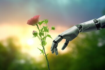 High-Tech Robot Hand Reaching For Delicate Flower. Generative AI.
