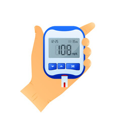 Glucometer. Medical Equipment for diabetes diagnosis. Blood glucose meter level test. Diabetes testing. Checking blood sugar level by glucometer. Vector illustration.