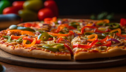 Freshly baked homemade pizza on rustic wood table generated by AI