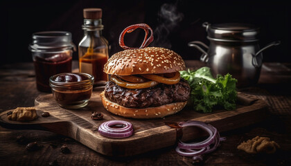 Fototapeta na wymiar Grilled beef burger with cheese and onion generated by AI