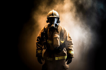 Fototapeta premium Firefighter with breathing apparatus portrait with smoke in background, high quality generative ai