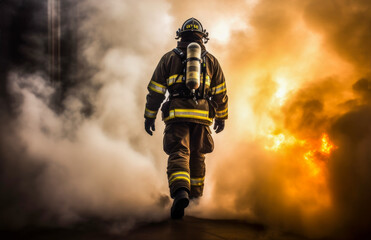 Firefighter with breathing apparatus walking into a fire, high quality generative ai